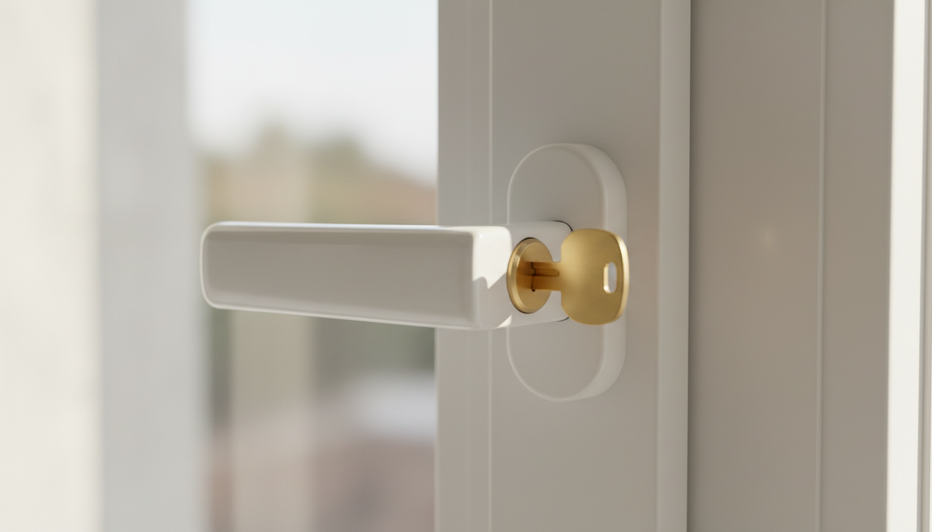 Kindersicherung Fenster: Nahaufnahme eines weissen abschliessbaren Fenstergriffs mit Schluessel, scharfe Details