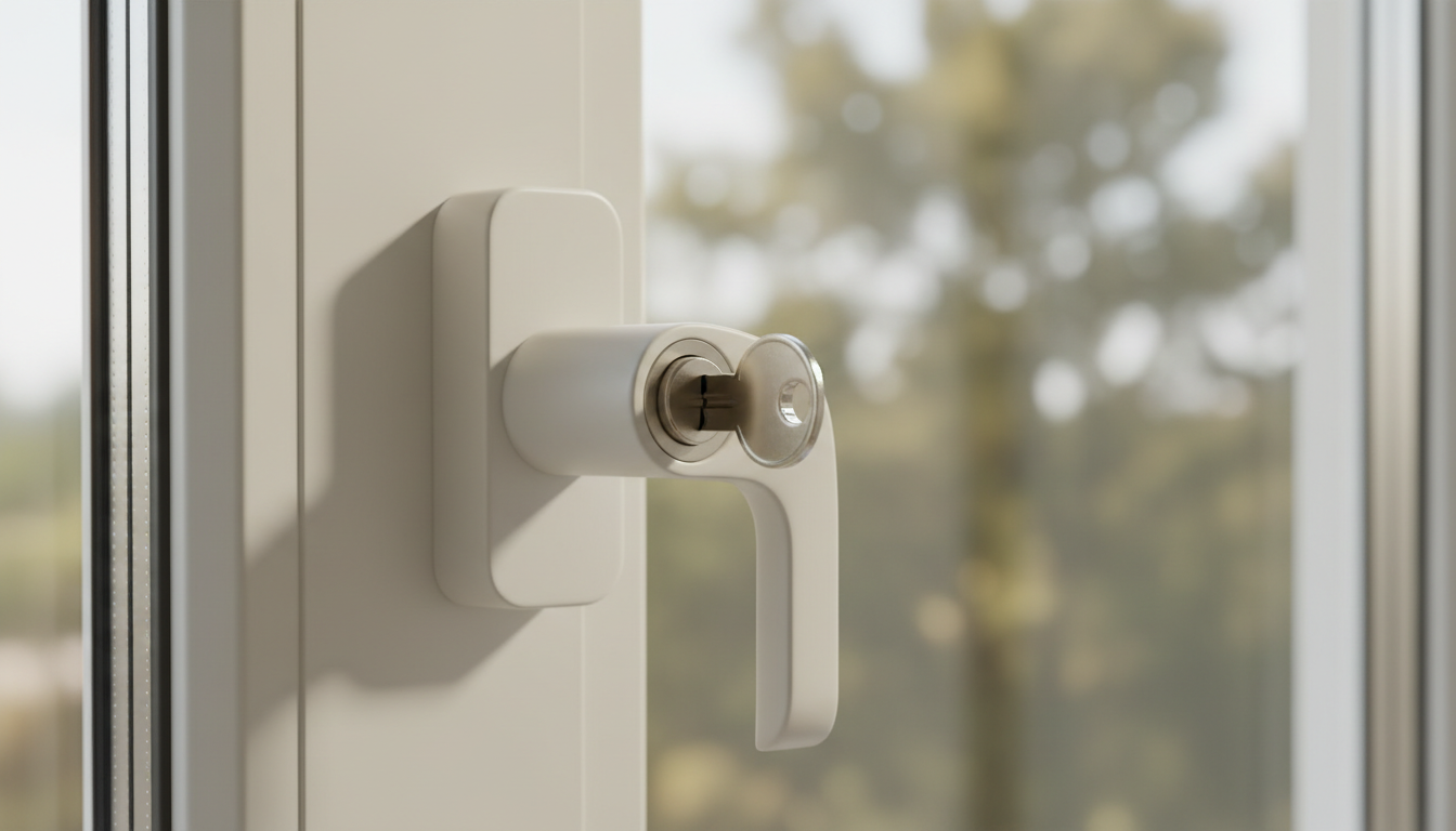 Hände montieren Kindersicherung Fenster an weißem PVC-Rahmen mit Schraubendreher, seitliche Nahaufnahme.