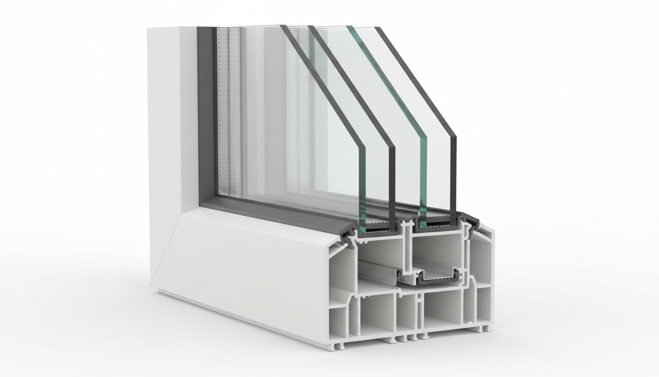 Makroaufnahme Querschnitt lärmschutz fenster mit asymmetrischen Glasschichten, Dichtungen und Abstandshaltern