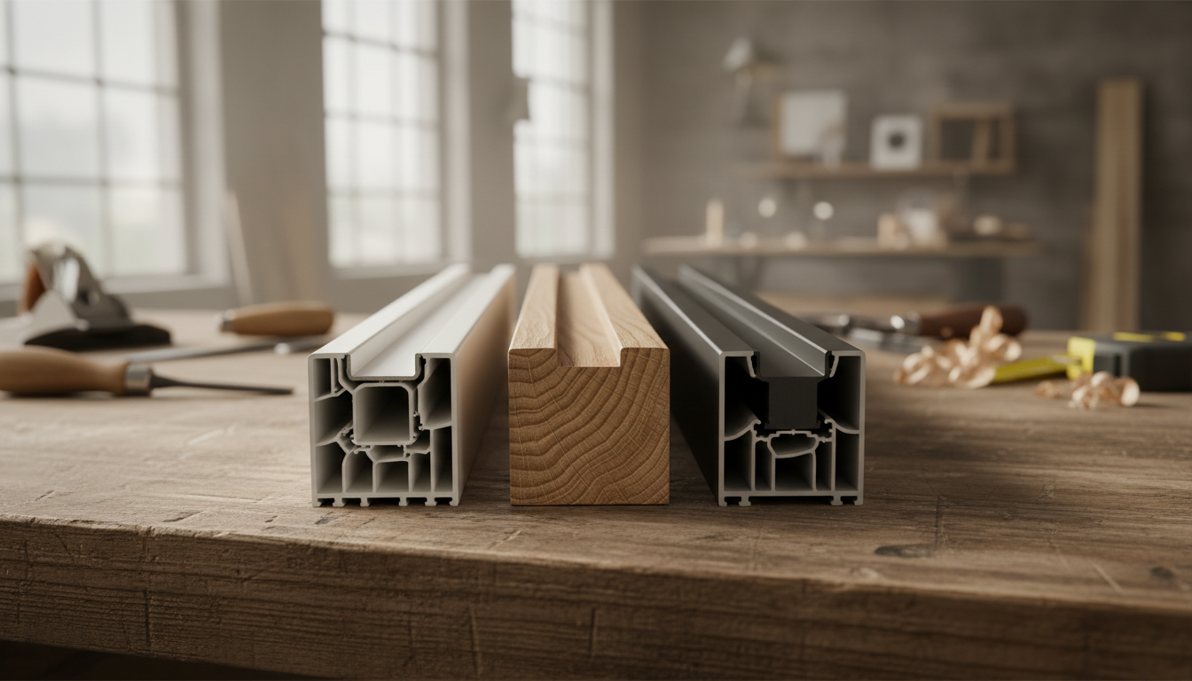 Moderne Fassadendetails mit fensterprofil Detailfoto moderner Hausfassade mit fensterprofilen aus PVC, Holz und Anthrazit-Aluminium