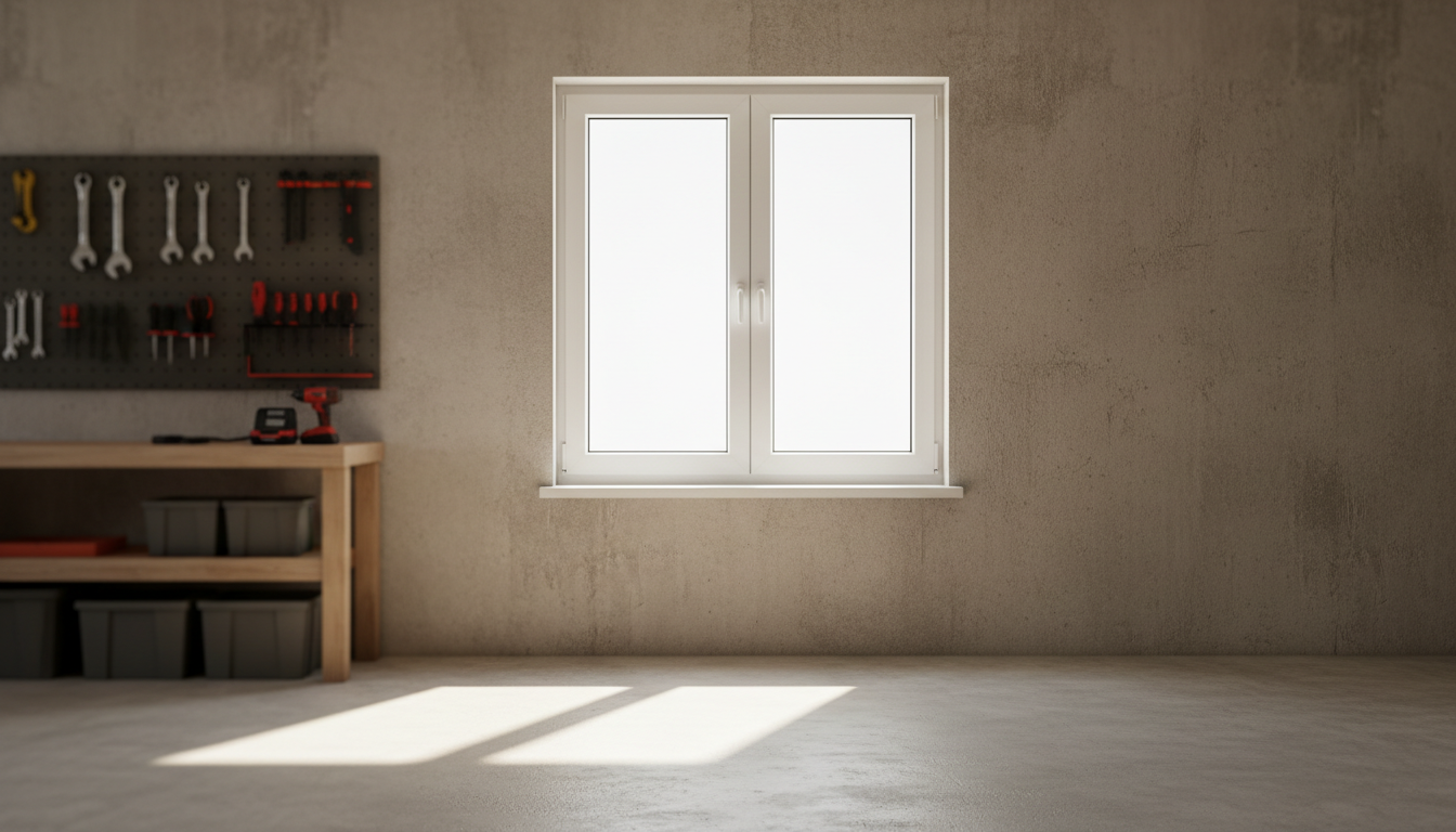 Detailaufnahme eines modernen garagenfenster-Elements mit Kipp- und Drehfunktion, Sicherheitsbeschlag und Doppelverglasung