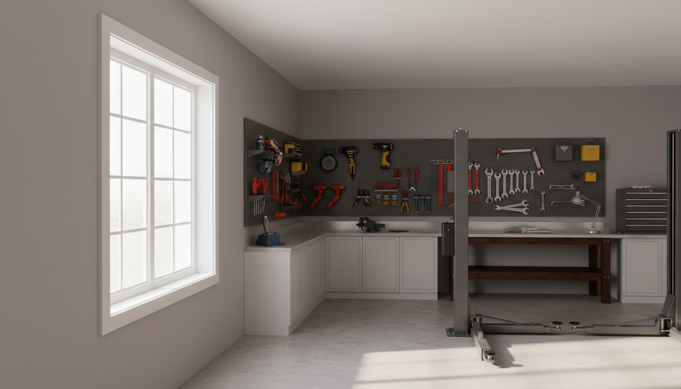 Modernes garagenfenster aus weißem PVC lässt Tageslicht in saubere Garage mit Werkzeugwand, hochwertige DSLR-Aufnahme.