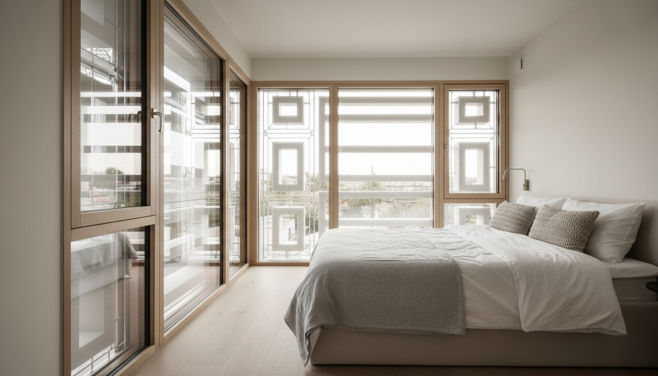 Modernes Schlafzimmer bei Nacht mit geschlossenen schlafzimmer fenster schallschutz, Person schläft ruhig im gedämpften Licht.