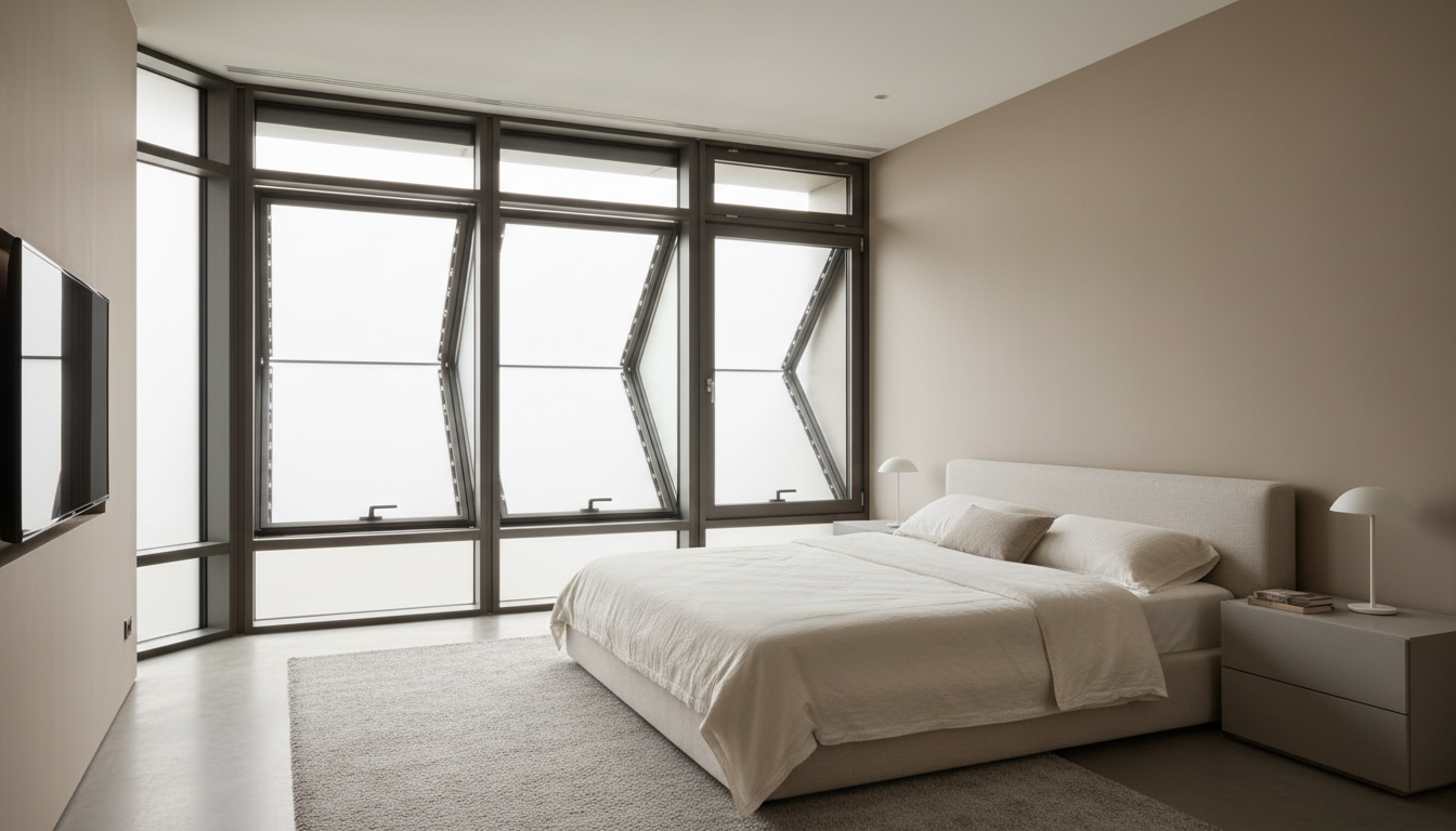 Modernes Interieur: großes schlafzimmer fenster schallschutz mit mehrschichtiger Verglasung, ruhige Tageslicht-Atmosphäre