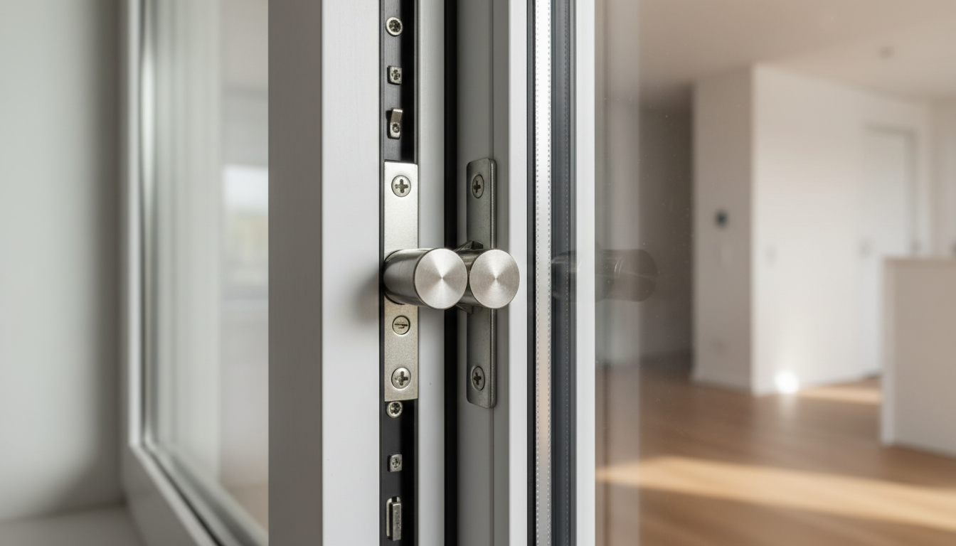 Nahaufnahme eines Sicherheitsfenster mit Pilzzapfen-Verriegelung und mehrschichtigem Sicherheitsglas