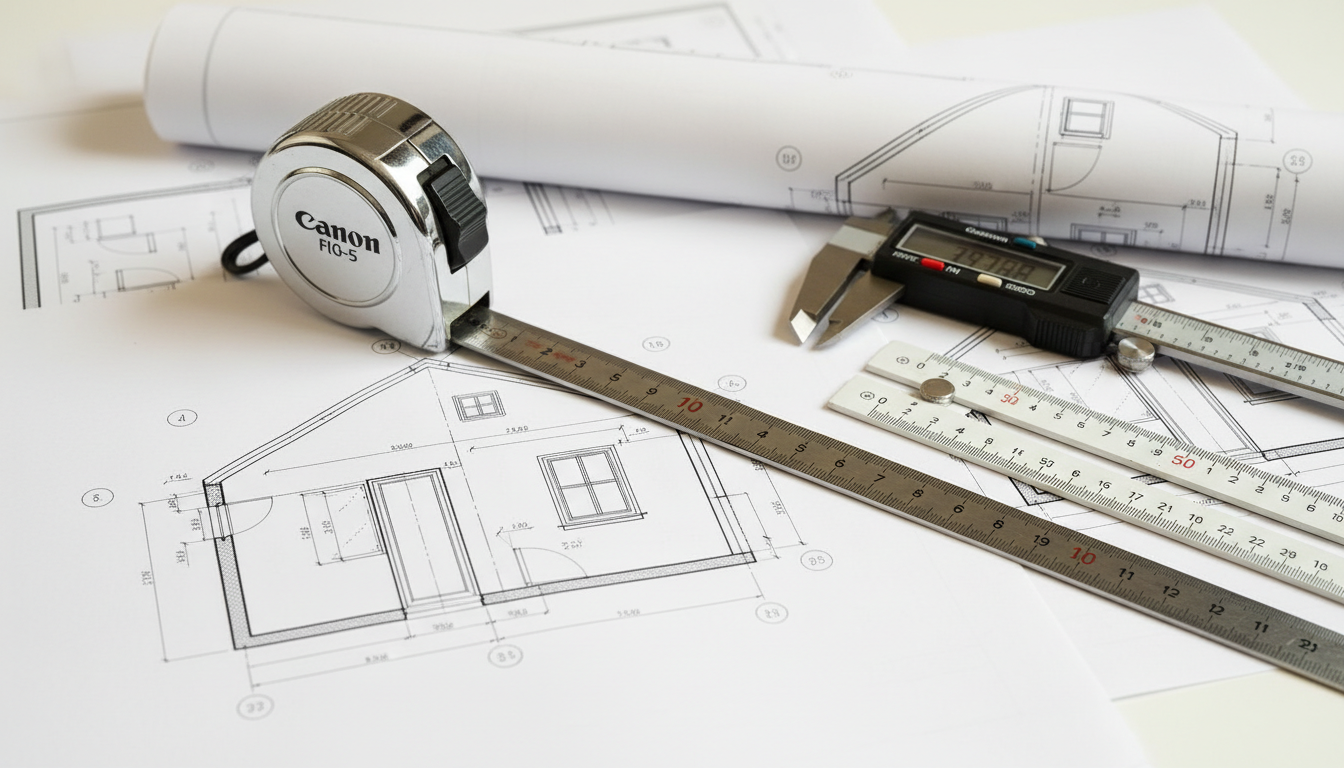 Detailaufnahme von Bauplänen mit Lineal und Maßband, die standard fenstergrößen und Maßlinien zeigen