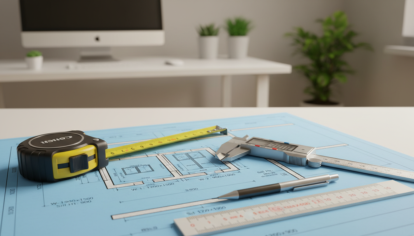 Nahaufnahme eines Fensterrahmenprofils mit Messschieber, zeigt Installationsspalt, Messpunkte und standard fenstergrößen.