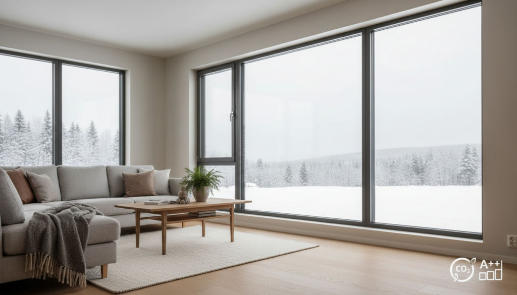 Triple-verglaste Fenster mit gedämmtem Rahmen im Wohnraum zeigen co2 einsparung neue fenster und Komfort.