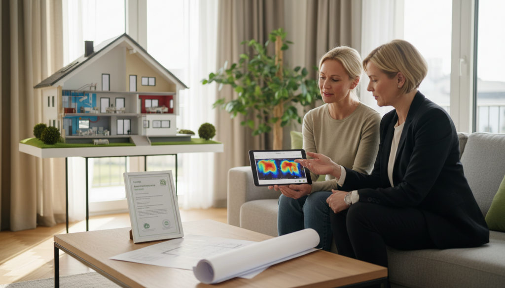 Energieberater zeigt Thermalbild und Pläne im Wohnzimmer – energieberatung haus mit Fokus auf Dämmung und Fenstern