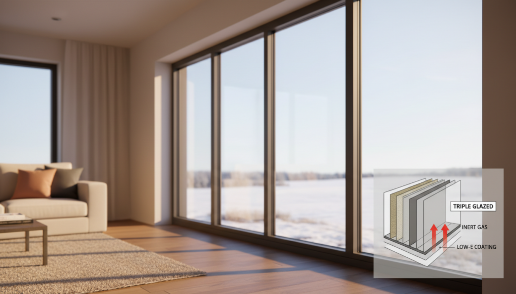 Energieeffiziente Fenster mit Dreifachglas und sichtbarem Isolationsprofil im warmen Wohnzimmer, kondensationsfreie Scheiben