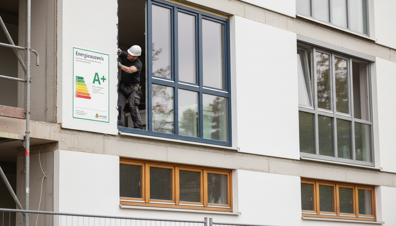 Handwerker montiert dreifachverglastes Fenster an deutschem Wohnhaus; fenster austausch pflicht sichtbar