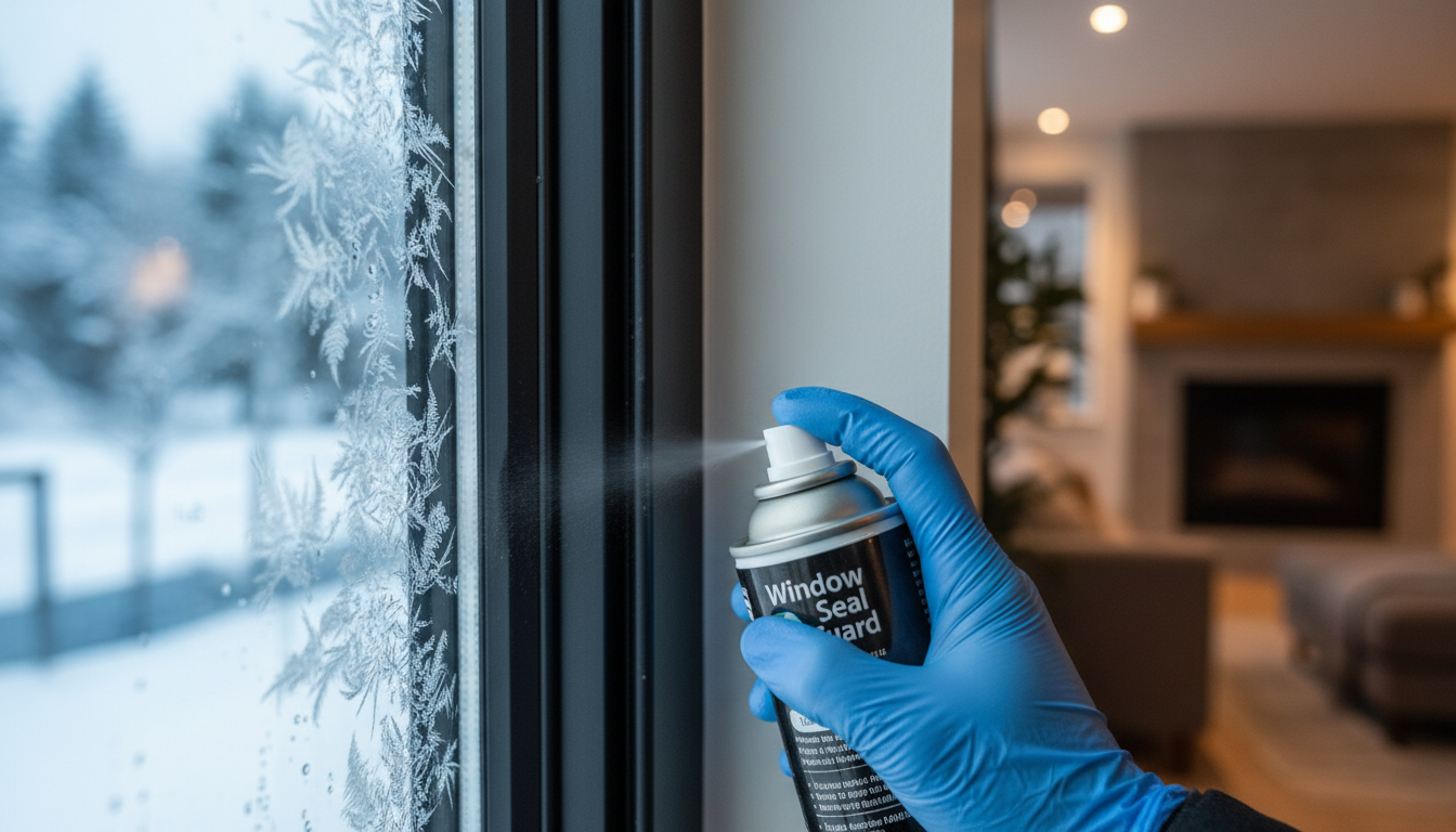 Fenster bei Frost pflegen: Hand mit Schutzhandschuh reinigt Dichtung an vereister Scheibe in Nahaufnahme