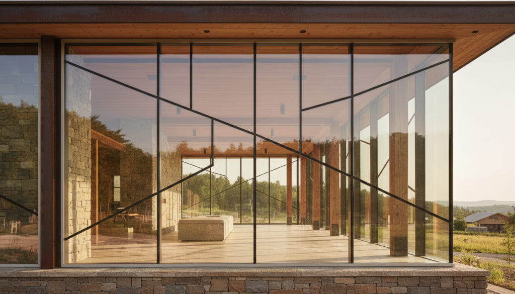 Großflächige fenster moderne architektur: Glasfassaden mit klaren Geometrien, nachhaltigen Materialien und warmem Tageslicht