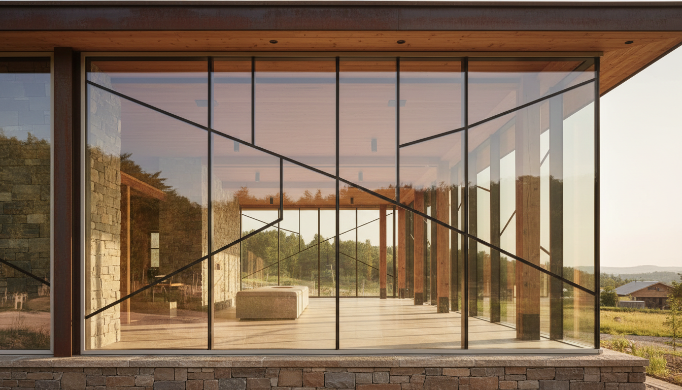 Großflächige fenster moderne architektur: Glasfassaden mit klaren Geometrien, nachhaltigen Materialien und warmem Tageslicht