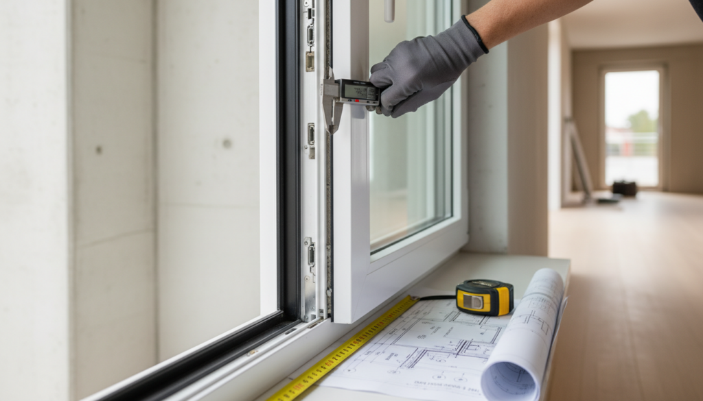 Bauarbeiter prüft PVC-Fensterrahmen mit Maßband und Plänen – fenster norm din erklärung sichtbar