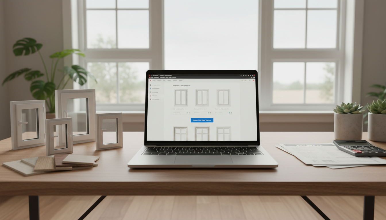 Schlanker Laptop zeigt Fenster Online Konfigurator im modernen Home-Office, Fenstermuster, Preise sichtbar