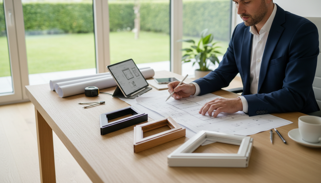 Architekt prüft Baupläne und Muster — fenster richtig planen mit Maßband, Tablet und Fensterproben im Büro.