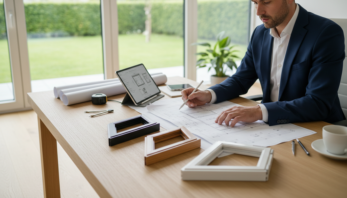 Architekt prüft Baupläne und Muster — fenster richtig planen mit Maßband, Tablet und Fensterproben im Büro.