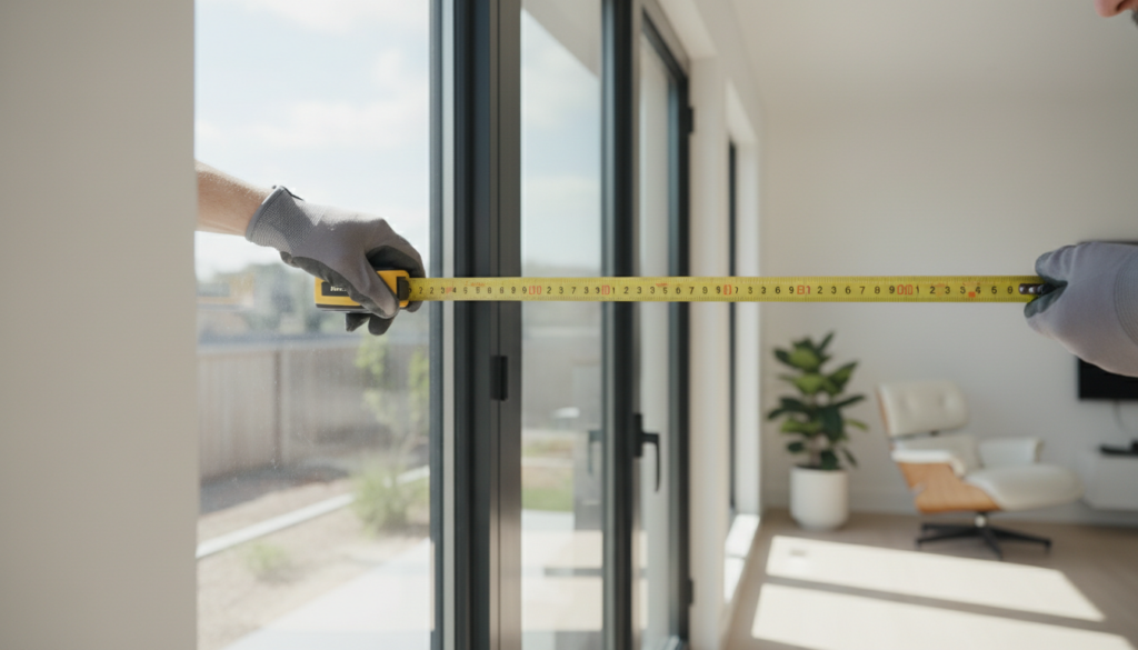 Architekt misst große Fenster mit Messband am Rahmen im Tageslicht, fensterfläche berechnen für genaue Planung