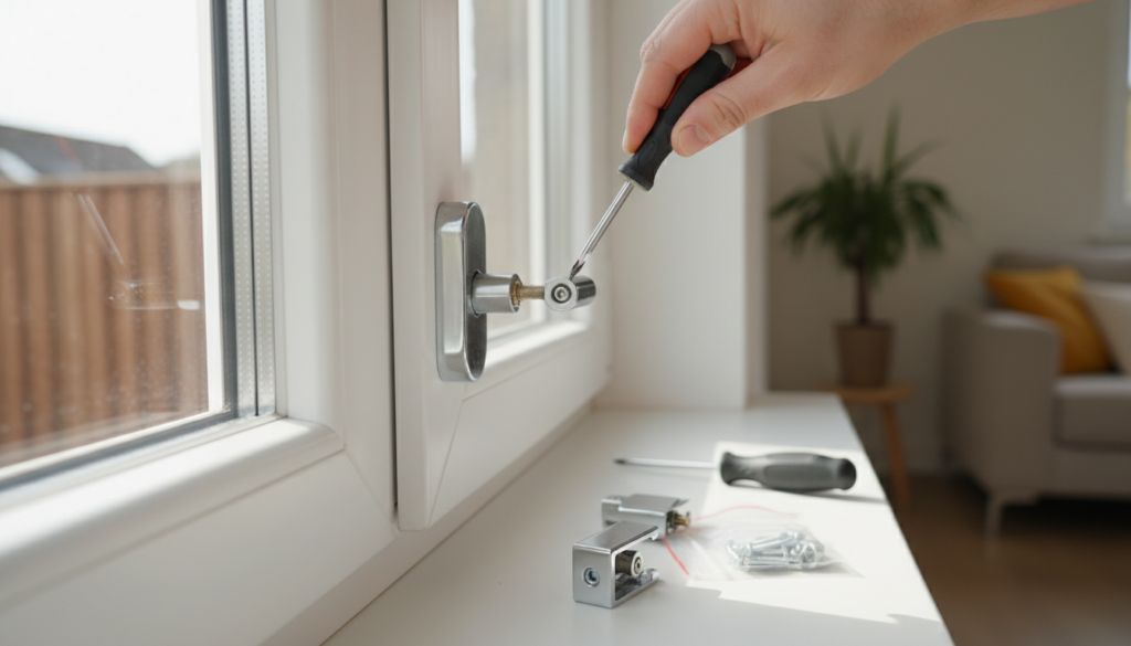 Hand montiert Chrom-Fenstergriff an weißem PVC-Rahmen, Werkzeug und Ersatzteile auf Fensterbank – fenstergriffe austauschen