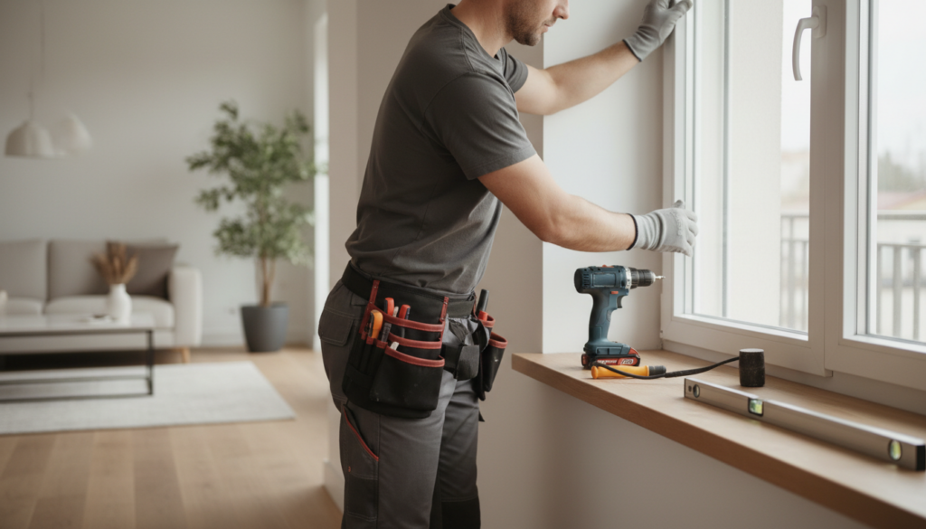 Handwerker montiert weißes PVC-Fenster in modernem Wohnraum, Werkzeug sichtbar – fenstermontage kosten im Fokus