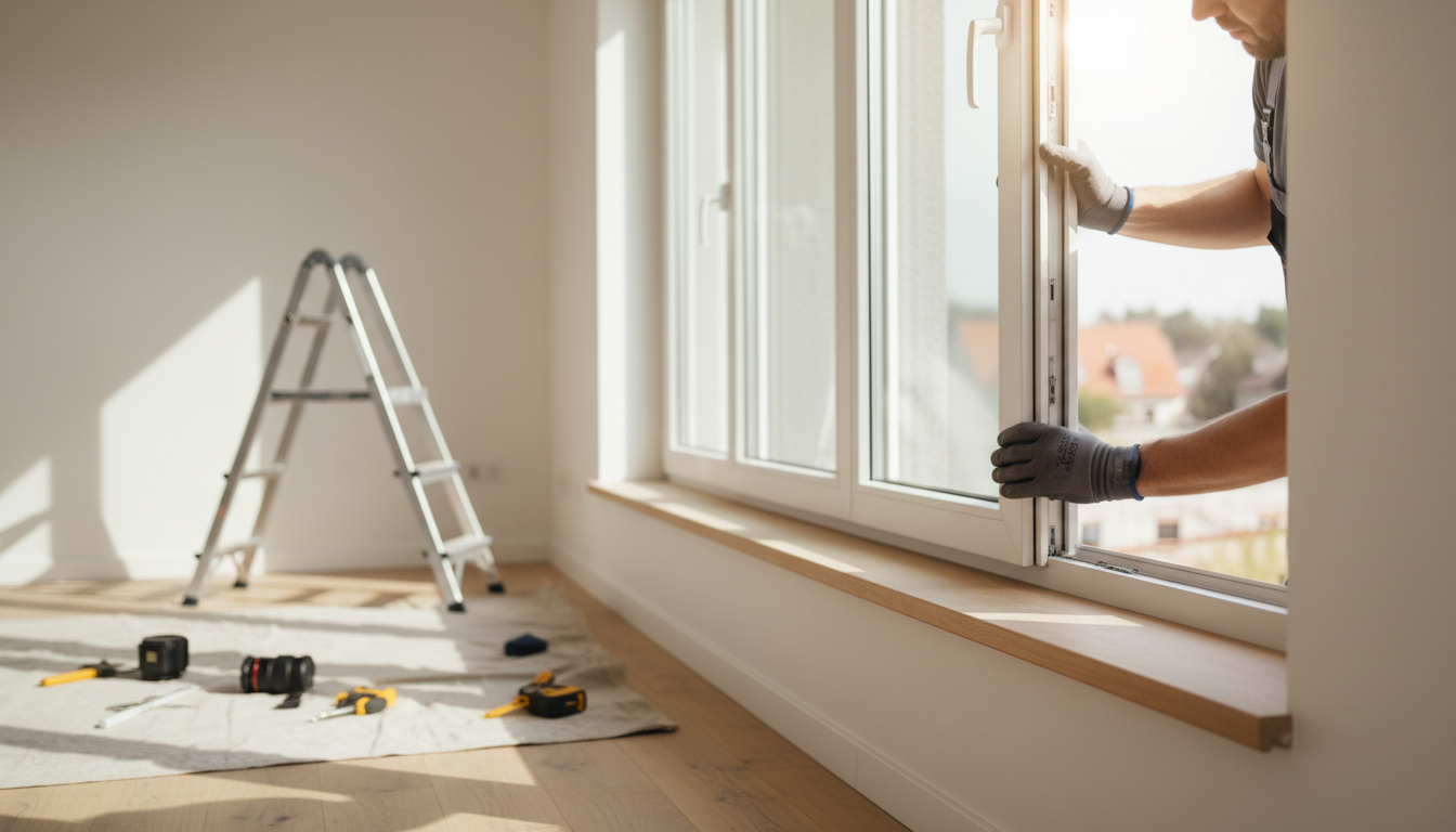 Handwerker Fenster: Fachmann setzt energieeffizientes PVC-Fenster ein, Fokus auf Hände mit Handschuhen und Werkzeugen