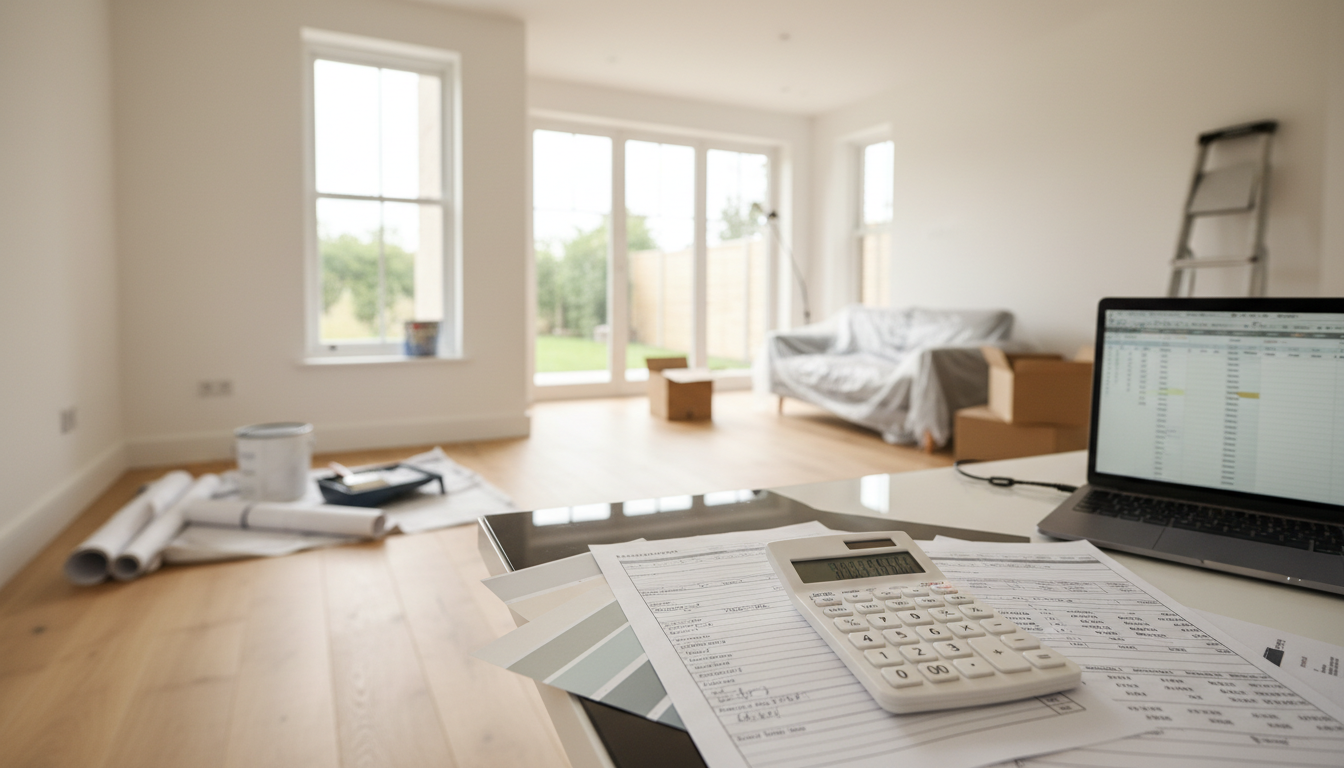 Helles Wohnzimmer mit Malerwerkzeugen, Holzboden und fokussiertem Rechner auf Kostenunterlagen — hausrenovierung kosten