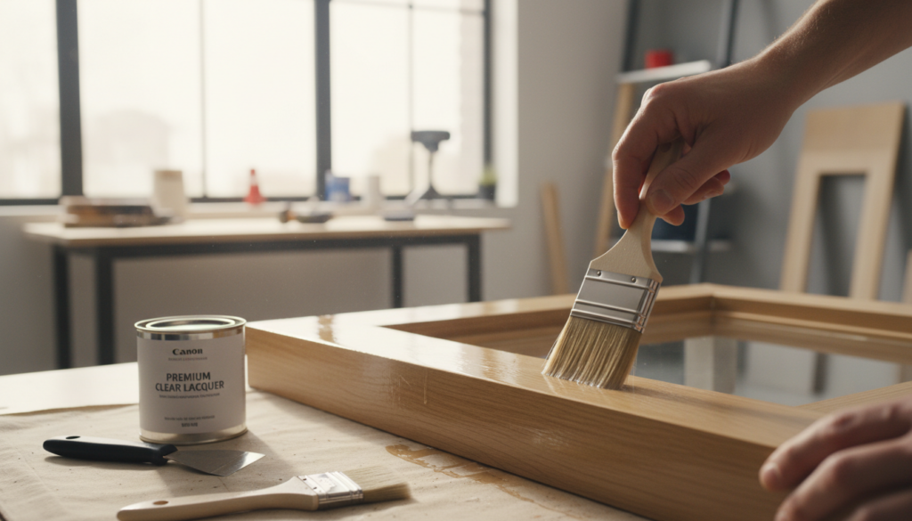 Nahaufnahme: Holzfenster lackieren mit Pinsel, klarer Lack auf Holzmaserung, Werkstattutensilien