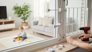 Eltern montieren kindersicherung fenster an modernem weißen Rahmen, Kleinkind spielt sicher im unscharfen Hintergrund.