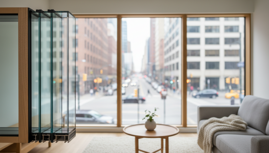 Modernes lärmschutz fenster mit Dreifachverglasung im skandinavischen Wohnzimmer, Straßengeräusche draußen reduziert.