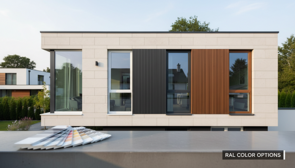 Moderne Hausfassade mit ral farben fenster in weiss, anthrazit und warmbraun, Farbkarte im Vordergrund