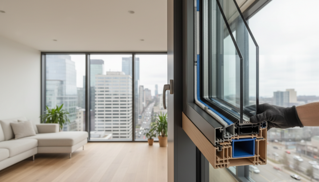 Moderne schalldämmung fenster Querschnitt: Mehrschicht-Akustikglas, Dichtungen und Isolierung für ruhige Wohnräume.