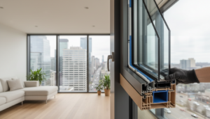 Moderne schalldämmung fenster Querschnitt: Mehrschicht-Akustikglas, Dichtungen und Isolierung für ruhige Wohnräume.