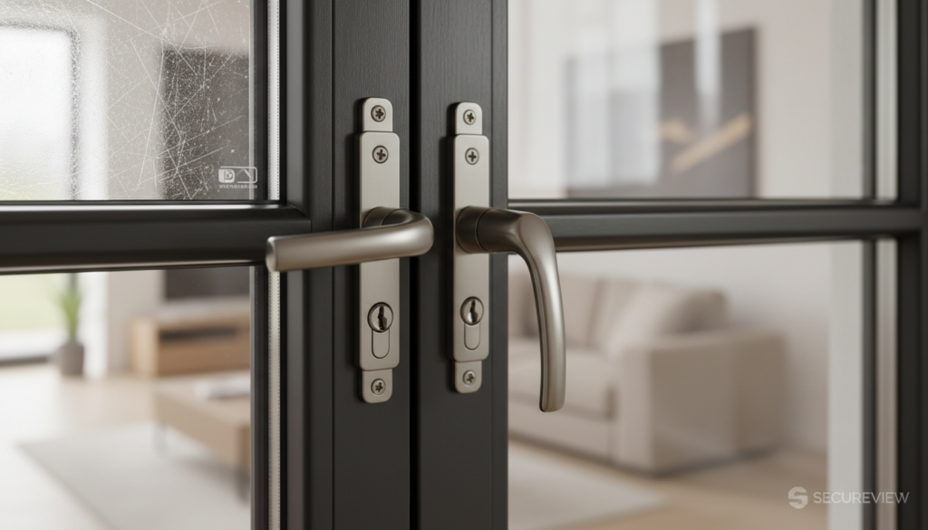 Nahaufnahme eines Sicherheitsfensters mit verstärktem Rahmen, Mehrfachverriegelung und laminiertem Sicherheitsglas