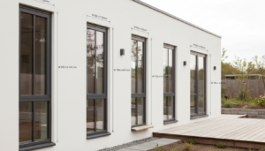 Hausfassade mit mehreren standard fenstergrößen, klare Detailaufnahme von Kipp- und Dreh-Kippfenstern.