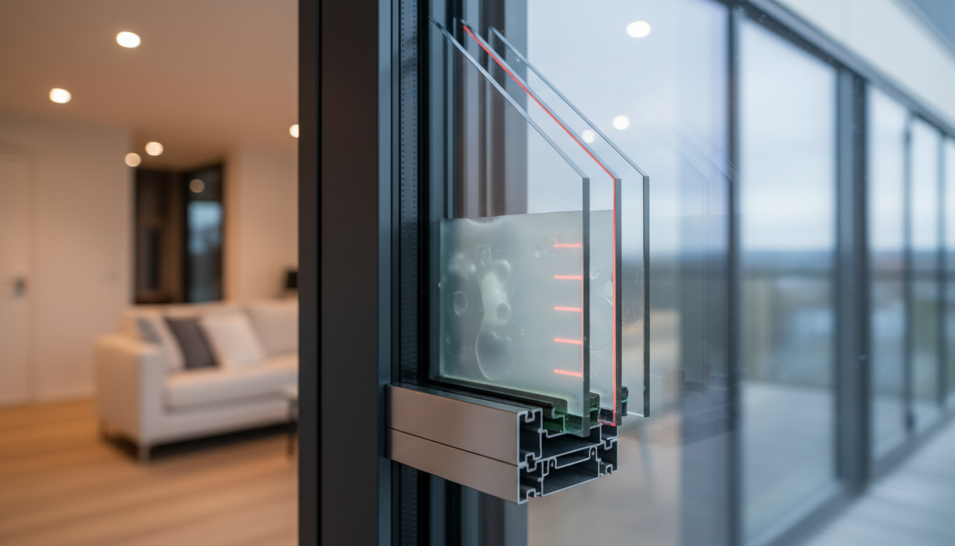 Detailaufnahme eines modernen Fensterquerschnitts, die den ug wert, Dämmung und Wärmeströmung sichtbar zeigt