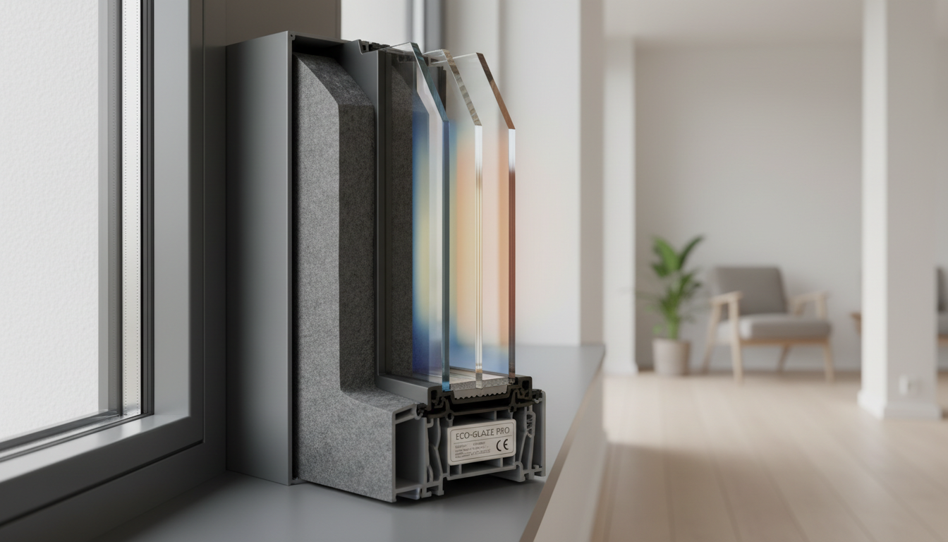 Dreifachverglaster Fenster-Querschnitt mit Isolierung, Dichtungen und thermischem Overlay, zeigt wärmedämmung fenster innen