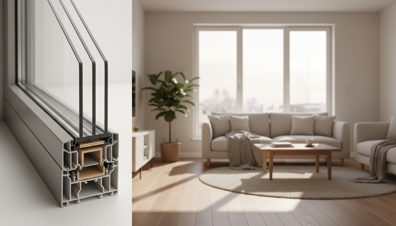 Helles Wohnzimmer mit modernem Wärmeschutzfenster, Dreifachverglasung und sichtbarer Isolationsprofil-Detailansicht.