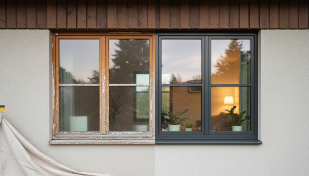 Halb altes, halb neues Fenster mit Doppelverglasung an modernem Haus – wann lohnen sich neue Fenster?