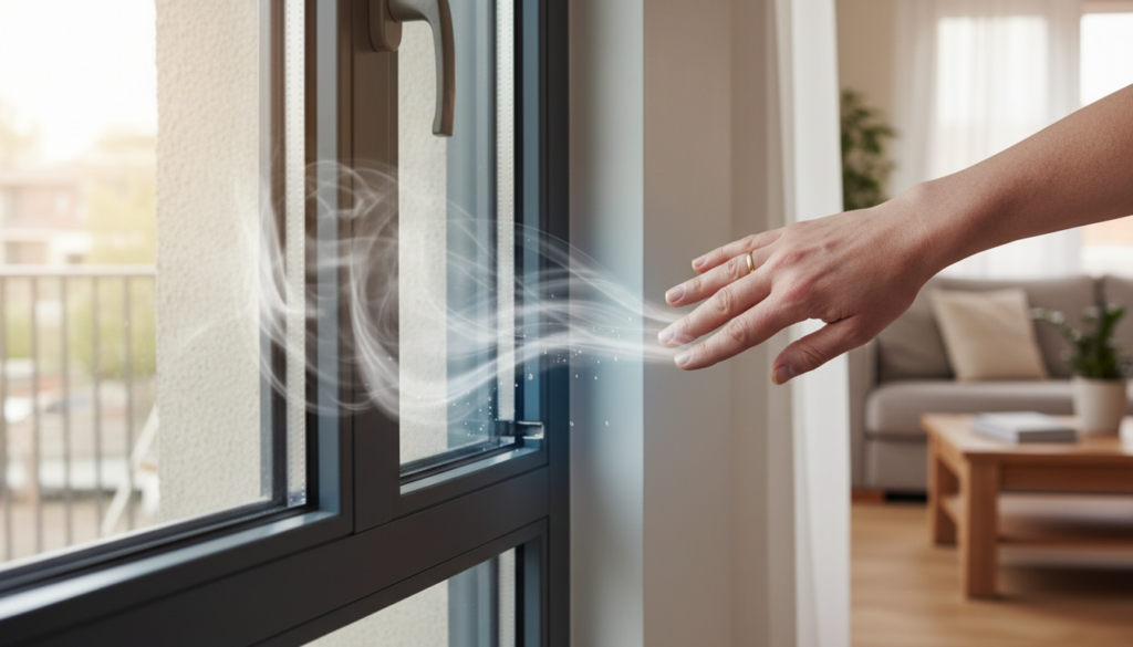 Hand prüft zugluft fenster an moderner Fensterdichtung mit sichtbarer Luftströmung und Kondensat