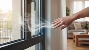 Hand prüft zugluft fenster an moderner Fensterdichtung mit sichtbarer Luftströmung und Kondensat