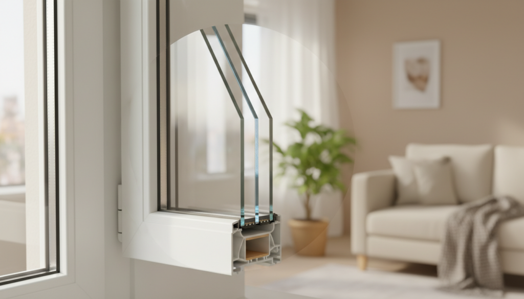 Moderne zweifachverglasung im weißen Fensterquerschnitt mit Luftkammer, Anti-Kondensation und warmem Tageslicht.