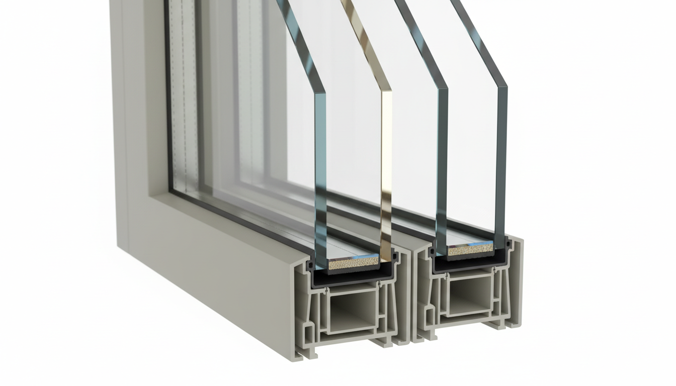 Modernes Wohnzimmer mit Dreifachverglasung, Sitzbereich am Fenster, warme Innenbeleuchtung, Winterblick außen, ug wert