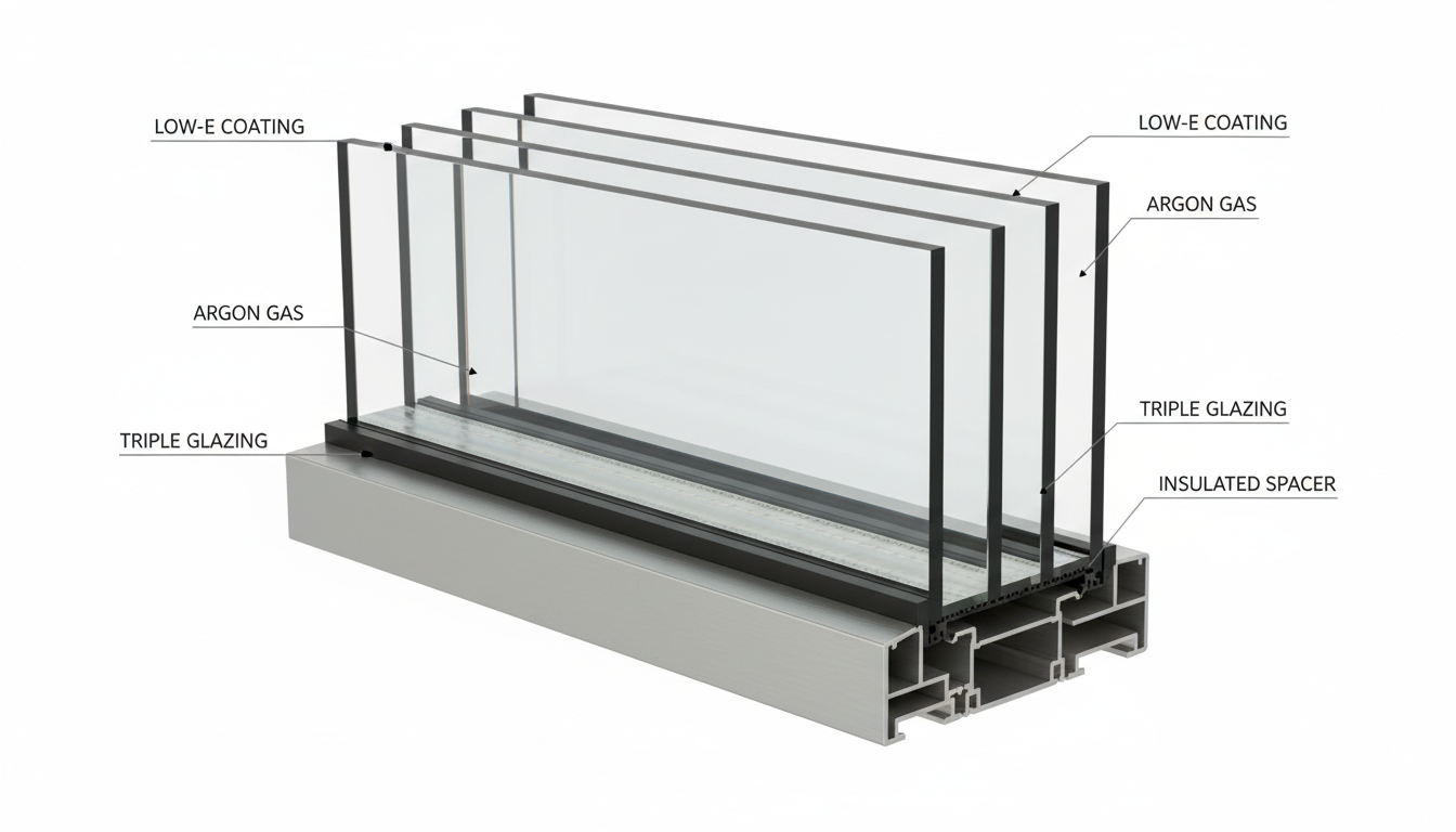 Makroaufnahme Dreifachverglasung: Fensterkante mit gasgefüllten Kammern und Beschichtungen, wichtig für den ug wert