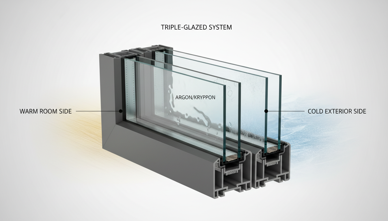 Makroaufnahme eines Dreifachverglasungs-Querschnitts mit Beschichtungen und Gasräumen zur Erklärung des ug wert.
