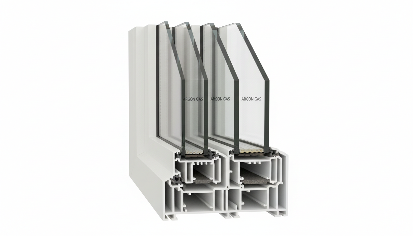 Detailfoto eines Dreifachglas-Querschnitts mit Gaskammern, Low-E-Beschichtung und isoliertem Rahmen zur wärmedämmung fenster.