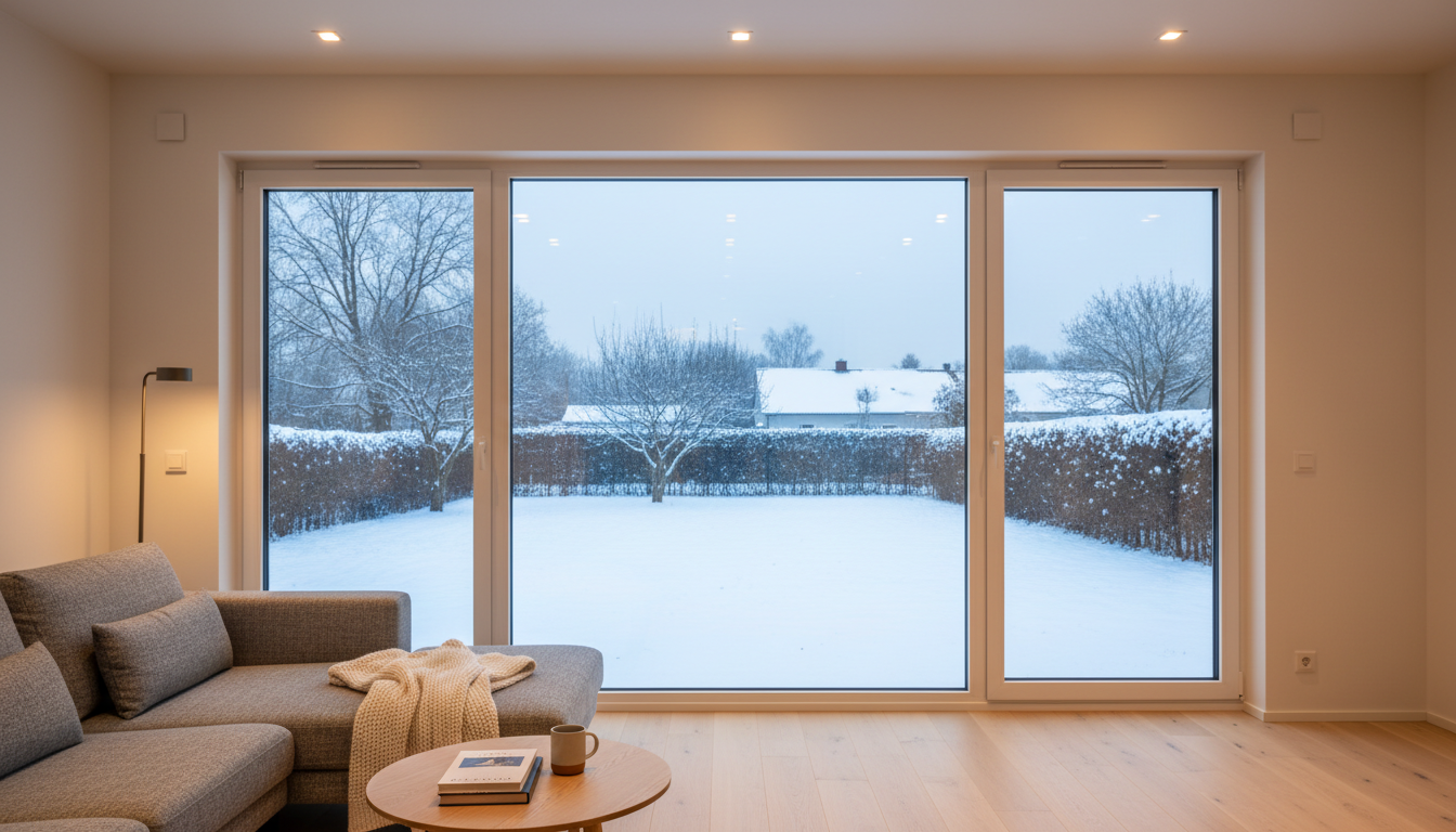 Makroaufnahme eines Wärmeschutzfensters mit Dreifachverglasung, Mehrkammerprofil und Low-E-Beschichtung