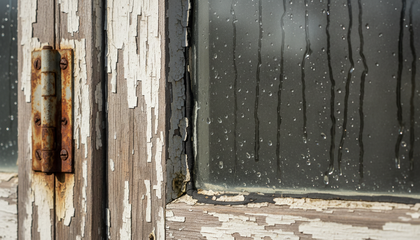 Nahaufnahme eines alten Holzfensters mit abgeblättertem Lack, defekter Dichtung und Kondenswasser – wann lohnen sich neue Fenster?
