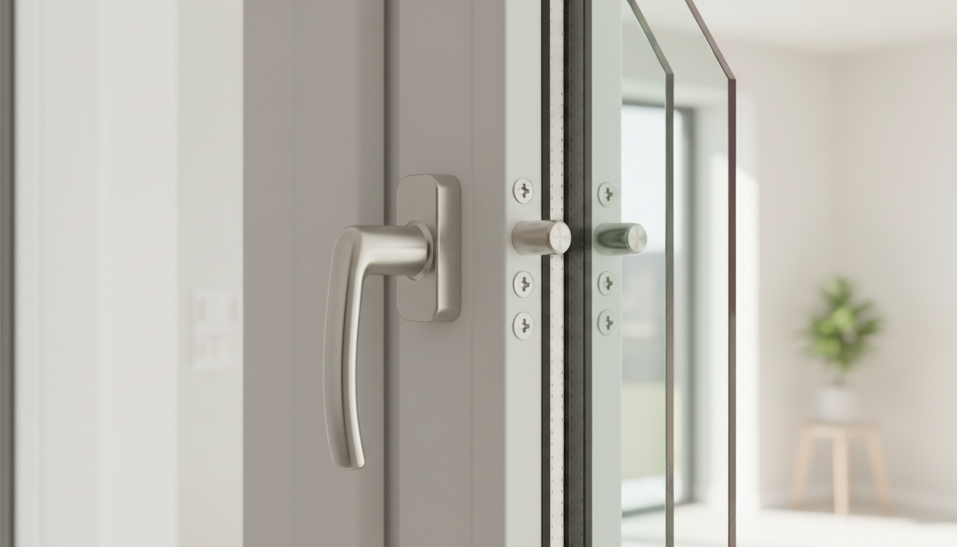 Modernes Wohnzimmer mit großem RC2 Sicherheitsfenster, Tageslicht strömt ein, sichtbares Mehrpunkt-Schloss am Fensterrahmen.