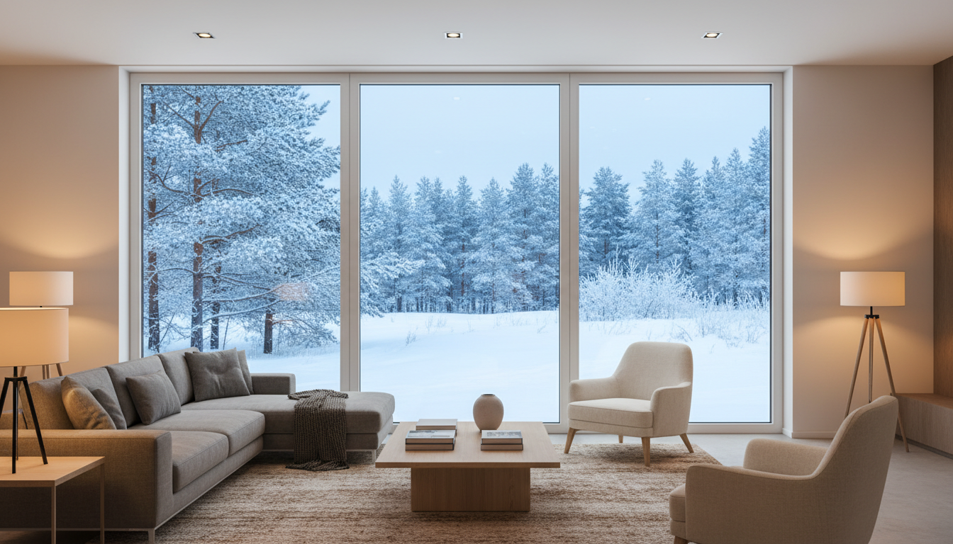 Modernes Wohnzimmer mit großem dreifach verglasten wärmeschutzfenster, kondensationsfreie Scheibe, warme Innenbeleuchtung